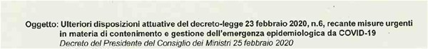 Emergenza epidemiologica da COVID-2019: DPCM 25 febbraio 2020