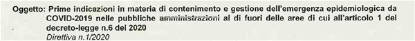 Emergenza epidemiologica da COVID-2019: Direttiva 1/2020